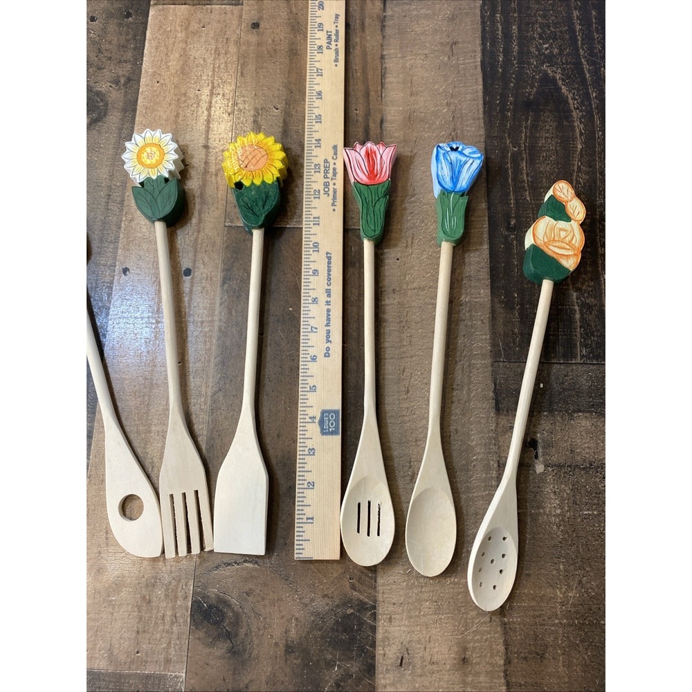 Wooden Cooking‎ Utensil 6 Hand Painted Flower Handle Ceramic Basket Tool Holder - Picture 7 of 16